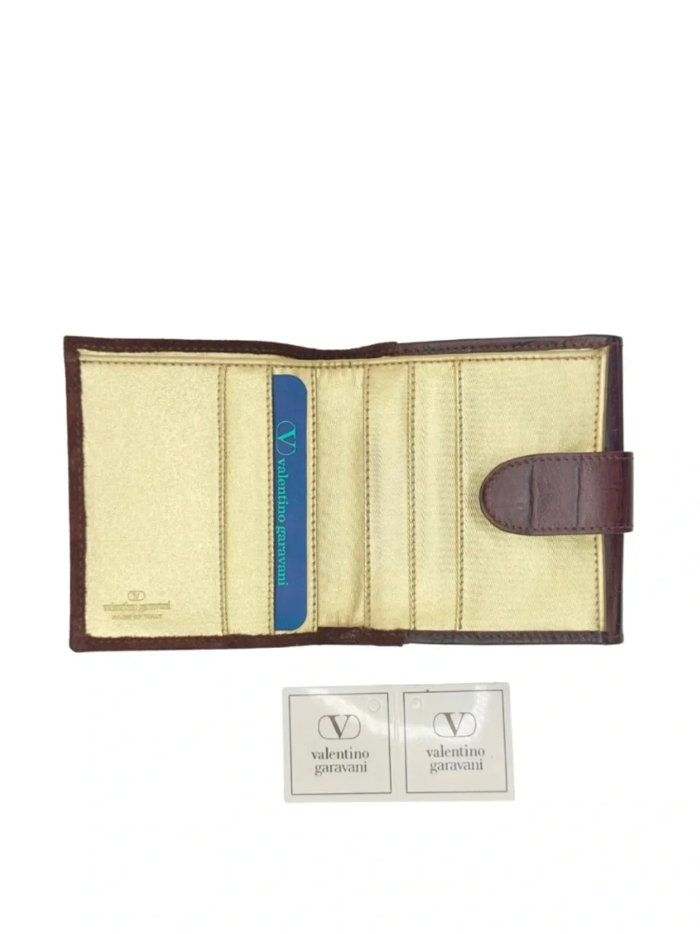 VALENTINO GARAVANI- BURGUNDY BROWN GOLD SUEDE LEATHER COMPACT BIFOLD SNAP WALLET